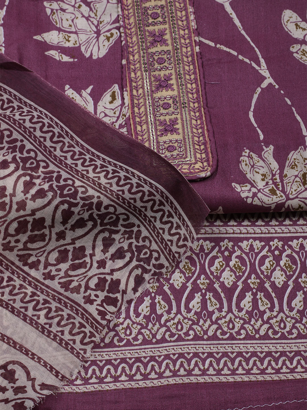 Printed Cotton Blend Unstitched Suit With Dupatta
