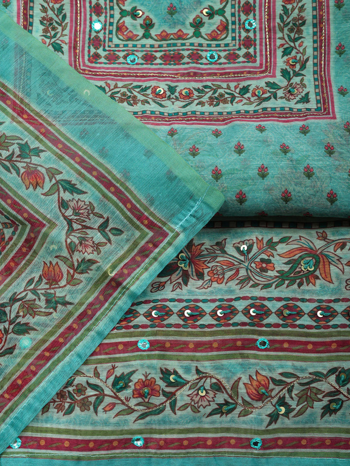 Embellished Chanderi Unstitched Suit With Pant &amp; Dupatta
