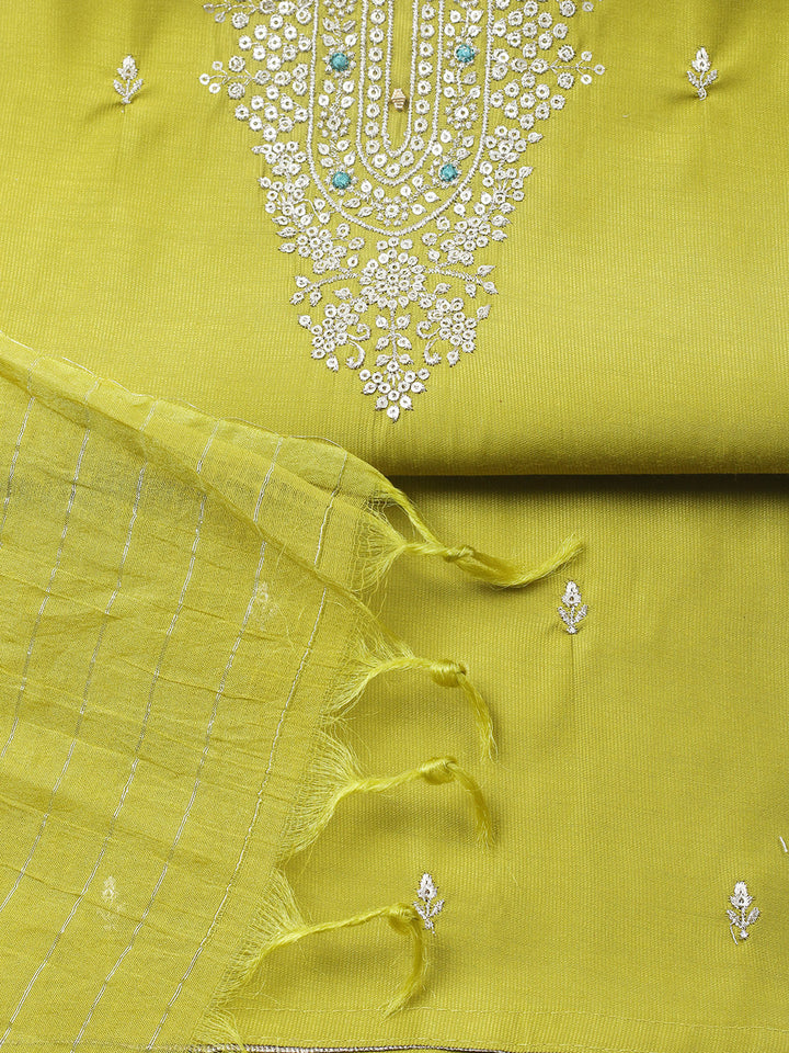 Embroidered Chanderi Unstitched Suit With Pant &amp; Dupatta