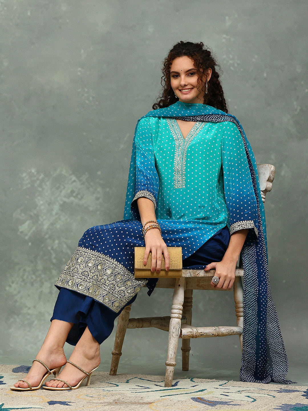 Bandhani Printed Crepe Kurta With Pants & Dupatta