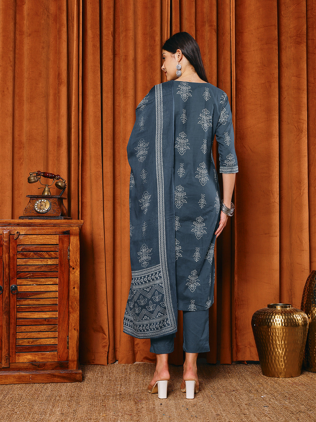 Printed Cotton Blend Kurta With Pants & Dupatta
