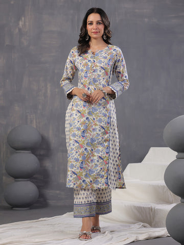 Floral Print Cotton Kurta With Pants & Dupatta