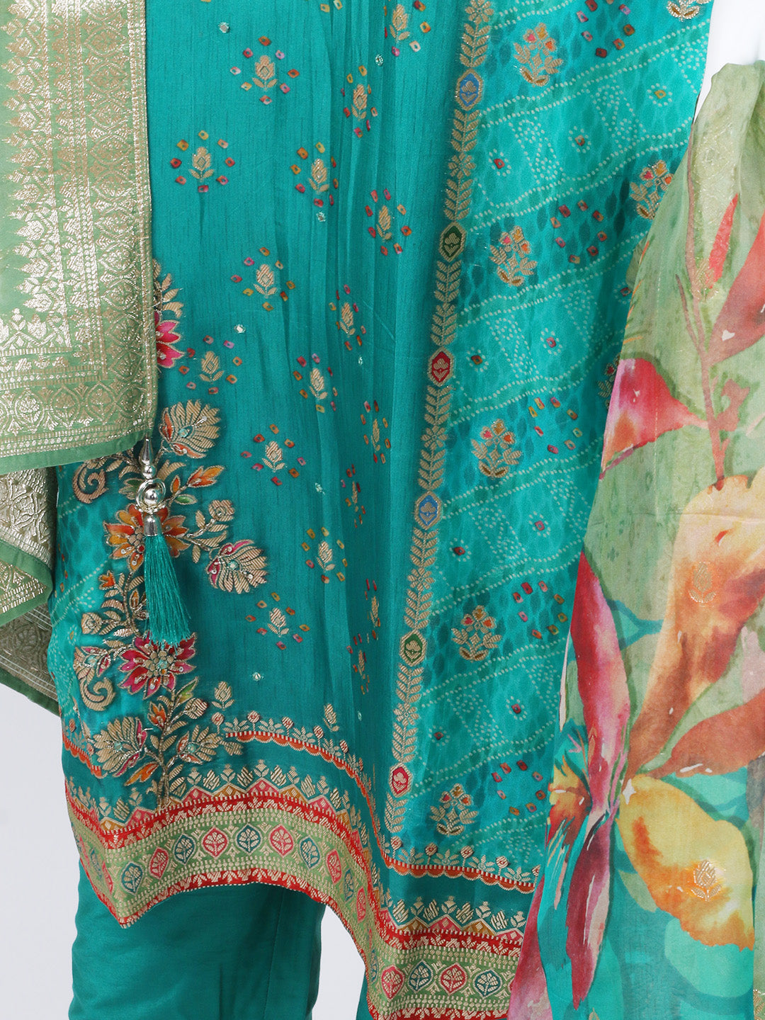 Bandhani Printed Organza Kurta With Pants & Dupatta