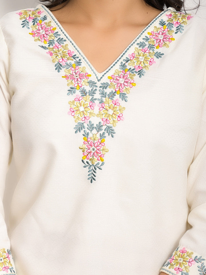Neck Embroidered Cotton Blend Kurta With Pants &amp; Dupatta