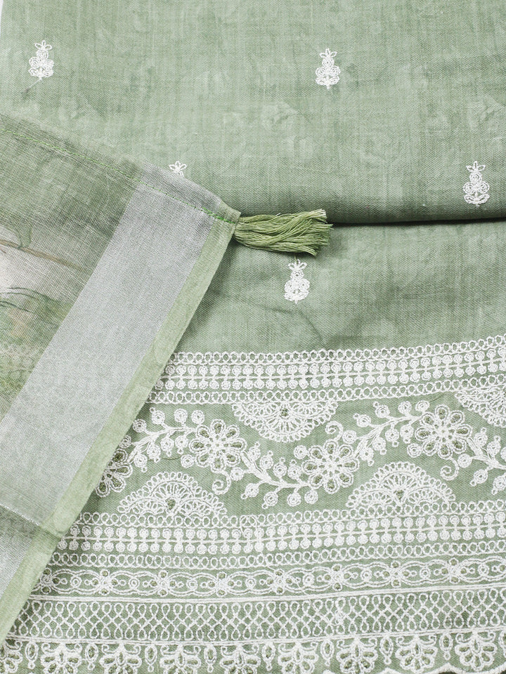 Embroidered Linen Blend Unstitched Suit With Pant &amp; Dupatta