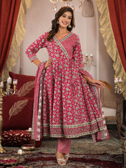 Floral Print Cotton Kurta With Pants & Dupatta