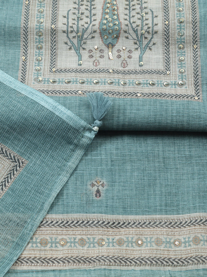 Printed Linen Blend Unstitched Suit With Pant &amp; Dupatta