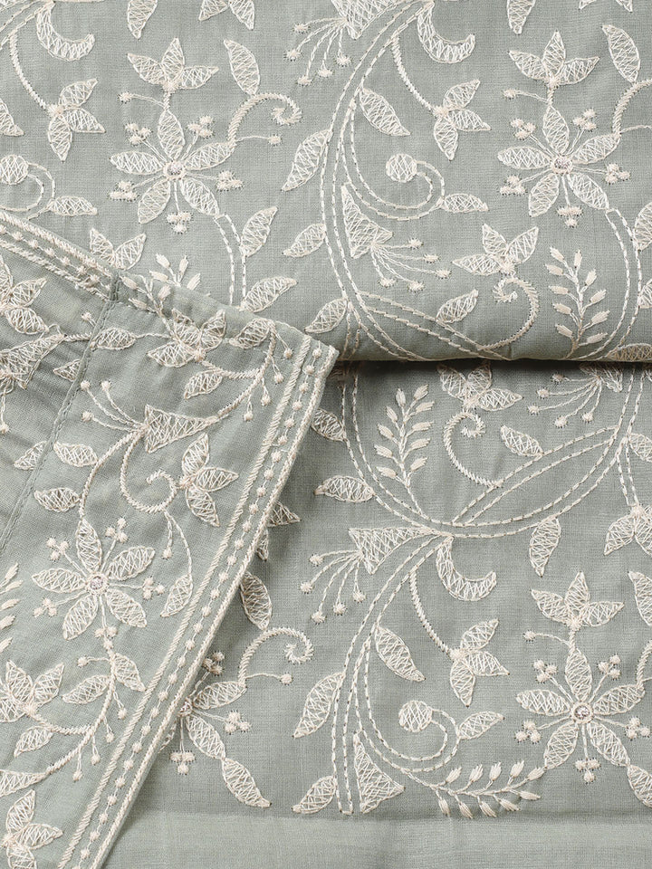 Embroidered, Cotton Blend Unstitched Suit With Pant &amp; Dupatta