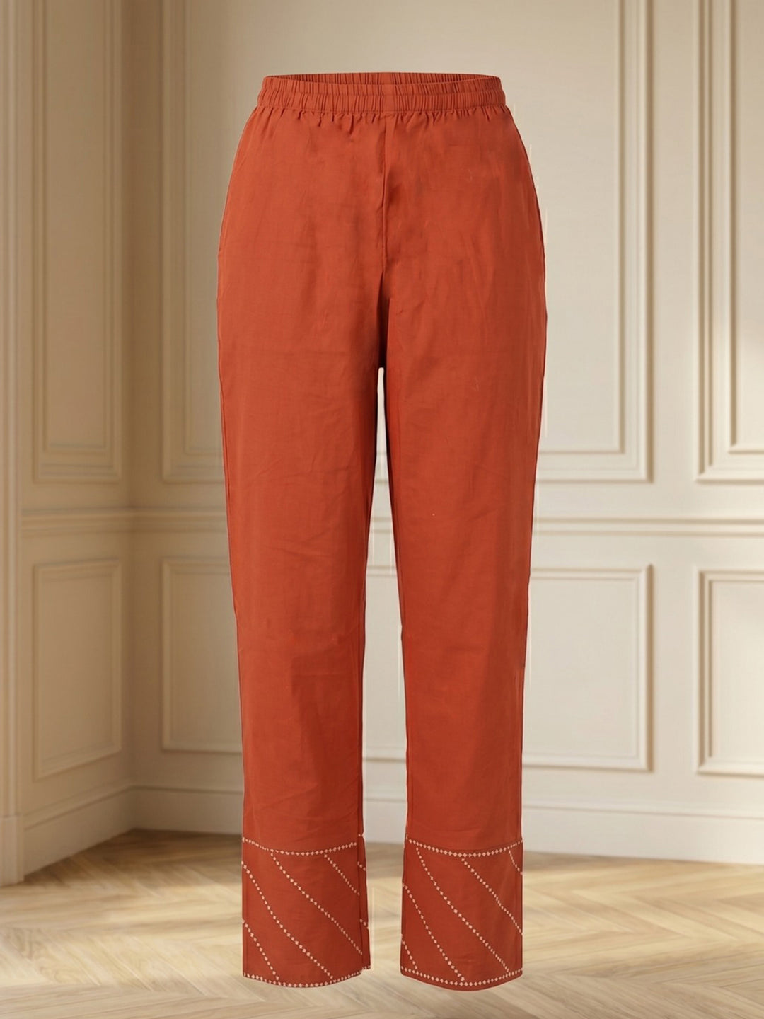 Rust Embroidered Cotton Blend Straight V Neck Suit Set