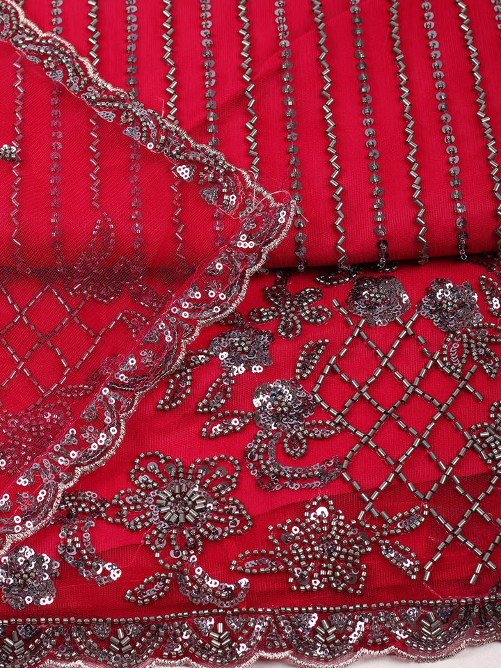 Embroidered Net Unstitched Suit With Pant &amp; Dupatta