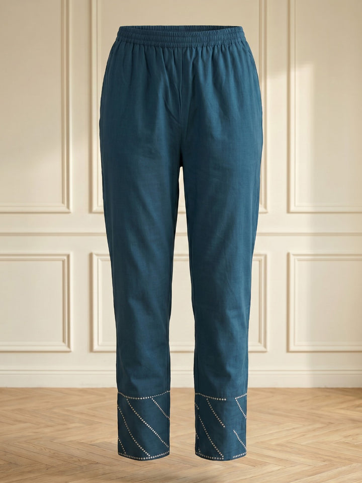 Blue Embroidered Cotton Blend Straight V Neck Suit Set