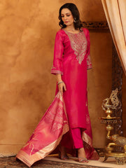 Neck Zari Embroidery Tissue Kurta With Pants & Dupatta