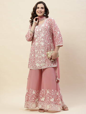 Resham Embroidery Georgette Kurta With Sharara & Dupatta