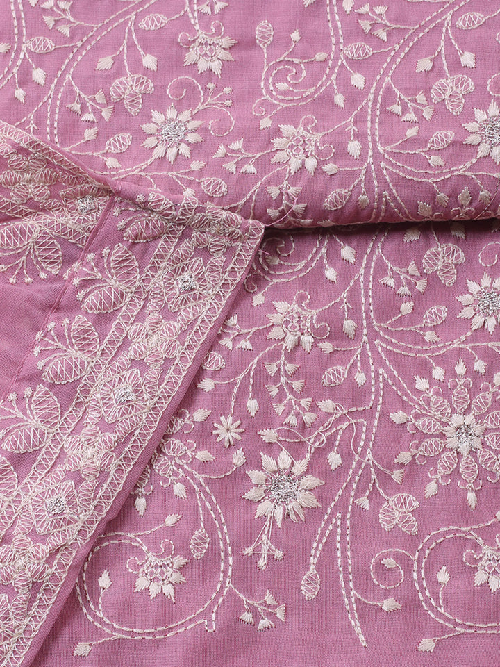 Embroidered Chanderi Unstitched Suit With Pant &amp; Dupatta