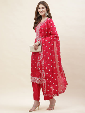 Resham Sequin Embroidered Art Silk Kurta With Pants & Dupatta