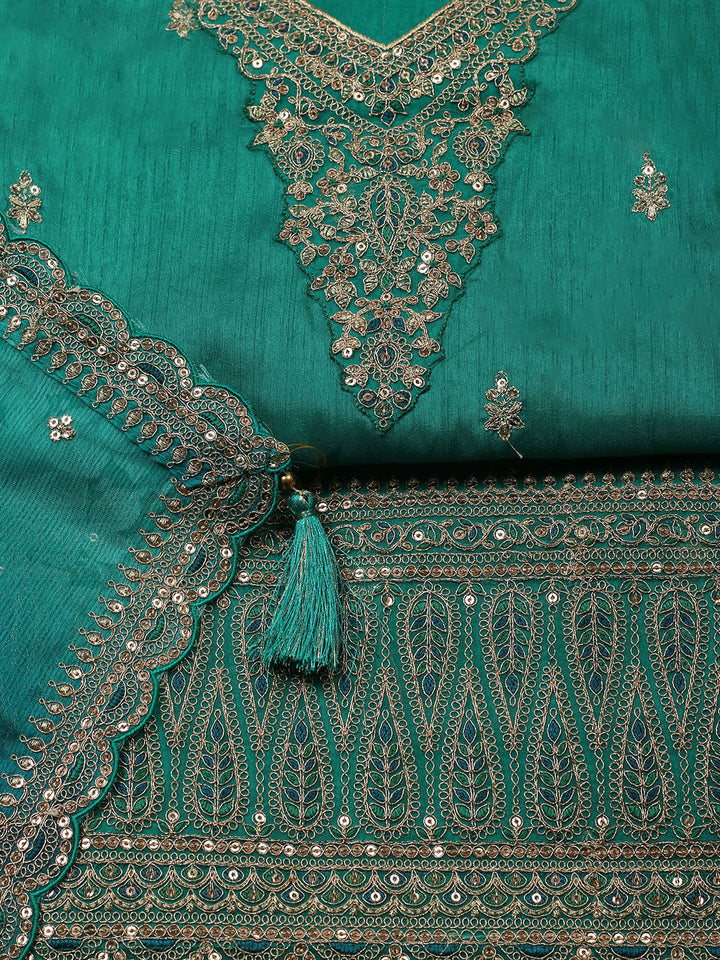 Embroidered Art Silk Unstitched Suit With Pant &amp; Dupatta