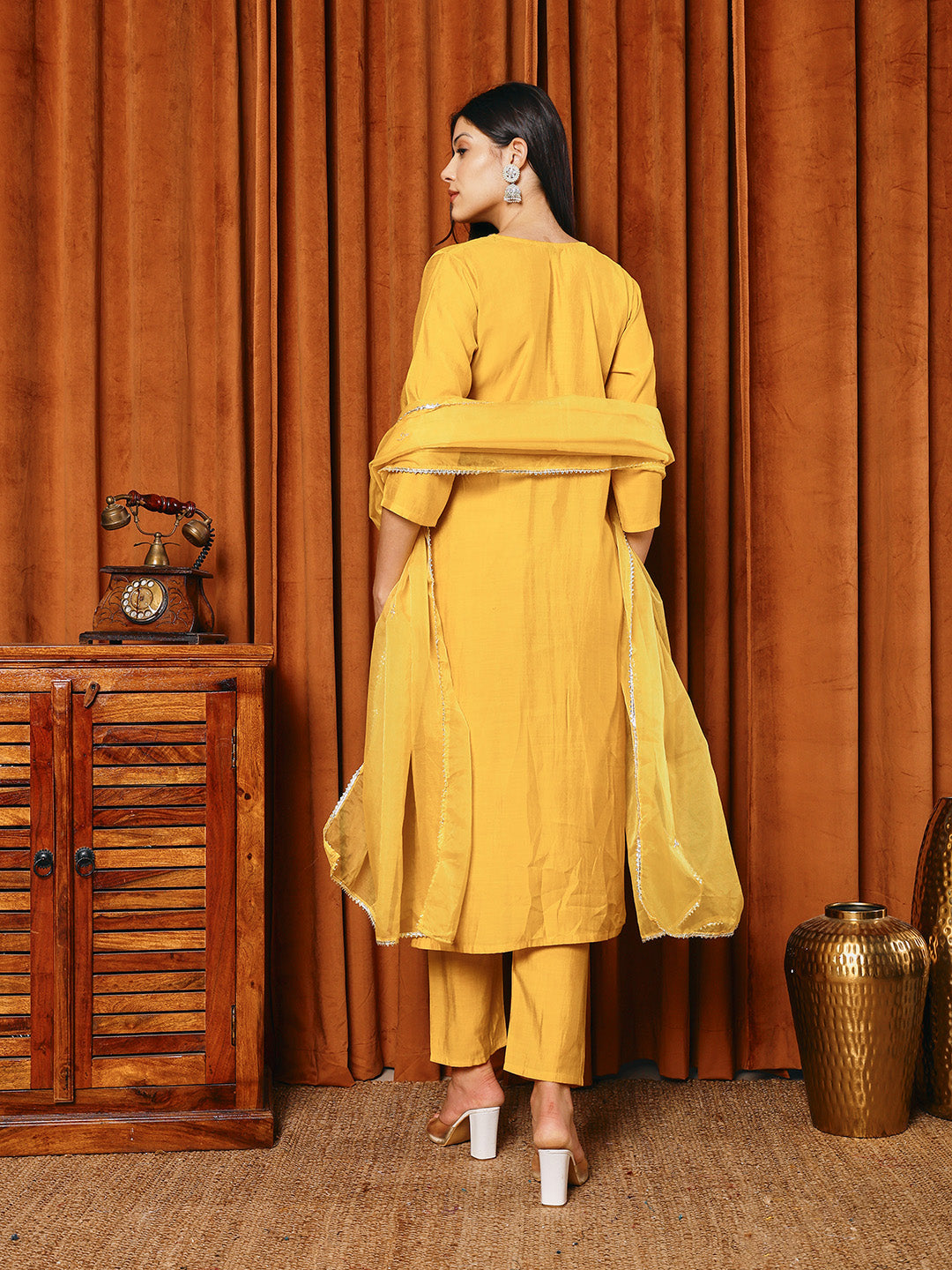 Resham Work Cotton Blend Kurta With Pants & Dupatta