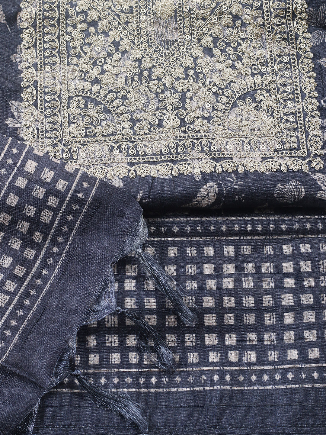 Embroidered Cotton Blend Unstitched Suit With Pant &amp; Dupatta