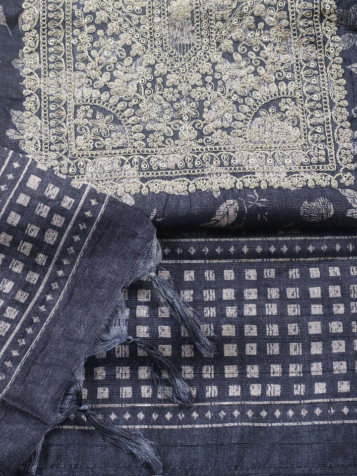 Embroidered Cotton Blend Unstitched Suit With Pant &amp; Dupatta