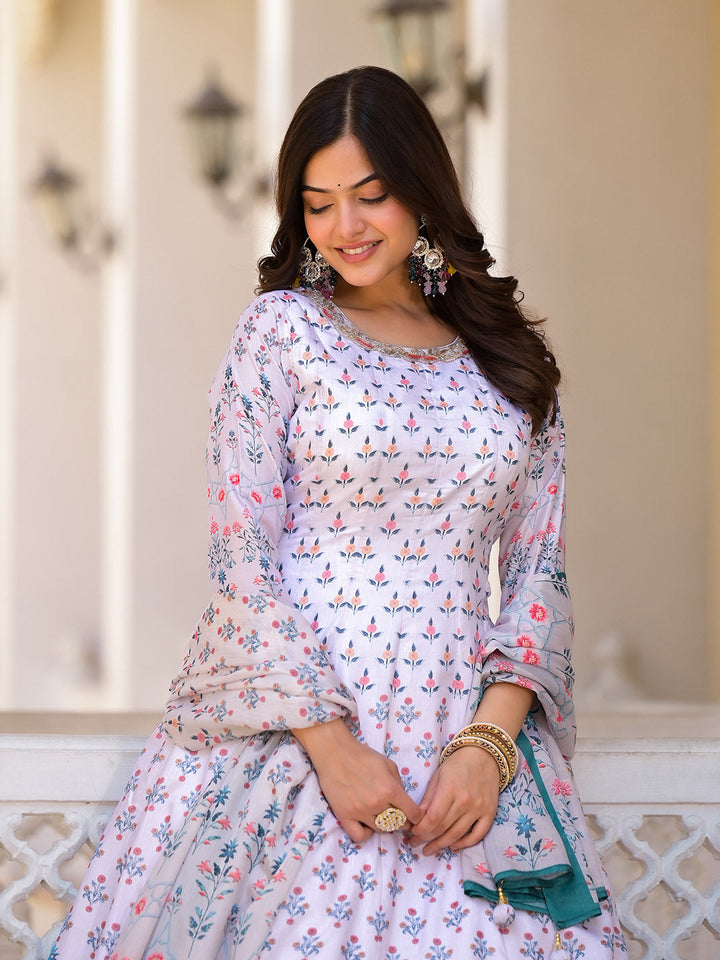 Digital Printed Anarkali Kurta With Churidar &amp; Dupatta