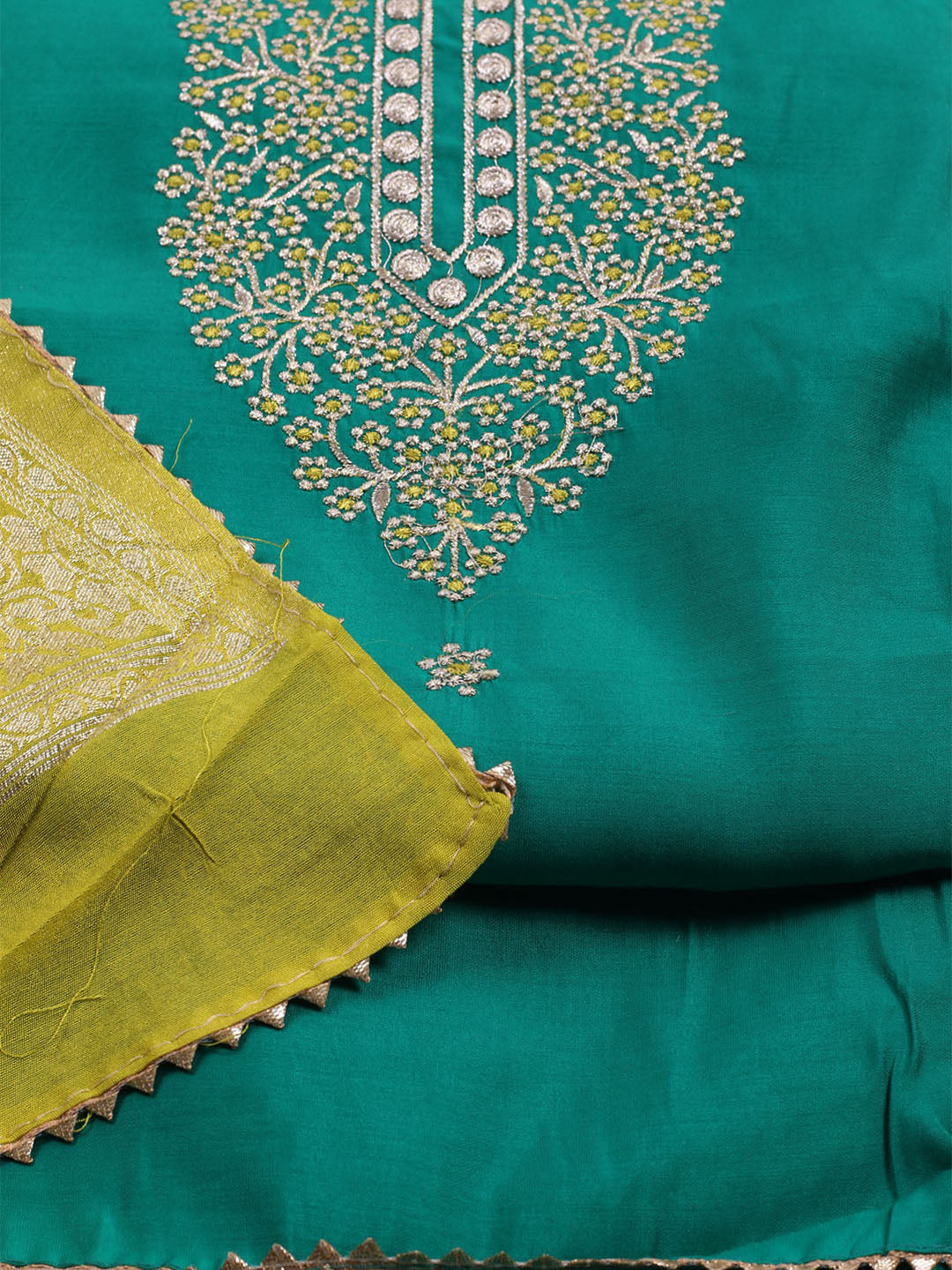 Neck Embroidered Chanderi Unstitched Suit With Dupatta