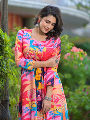 Floral Printed Cotton Crop Top With Pants & Jacket