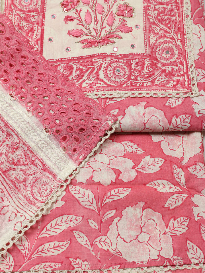 Printed Cotton Blend Unstitched Suit With Pant &amp; Dupatta