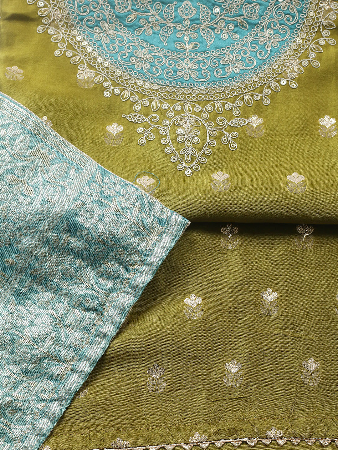 Embroidered Chanderi Unstitched Suit With Pant &amp; Dupatta
