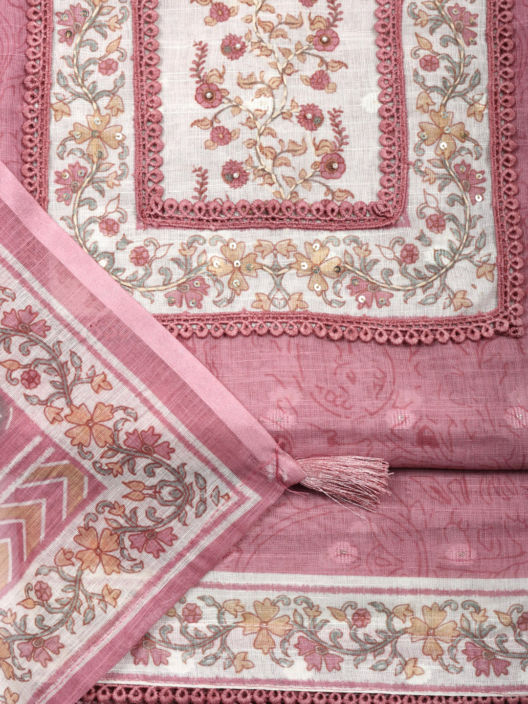 Embroidered Cotton Blend Unstitched Suit With Pant &amp; Dupatta