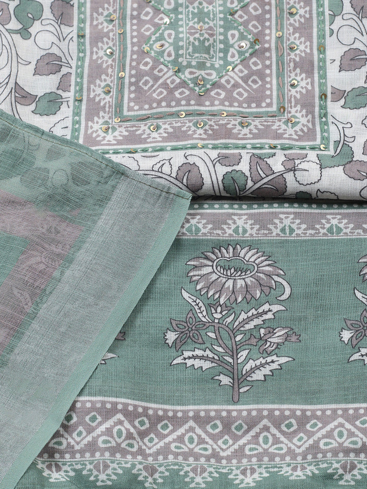 Printed Linen Blend Unstitched Suit With Pant &amp; Dupatta