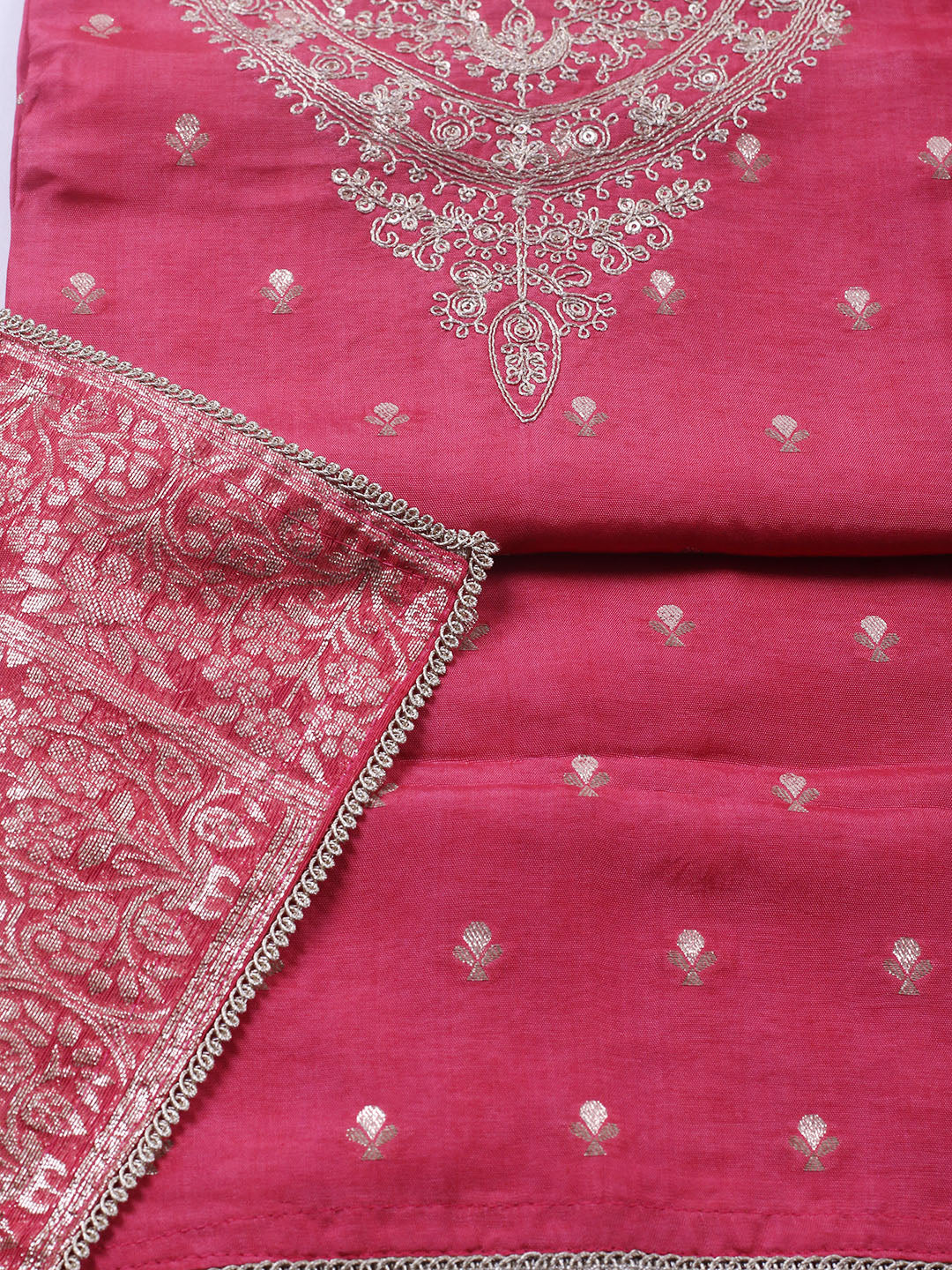 Embroidered Chanderi Unstitched Suit With Pant &amp; Dupatta
