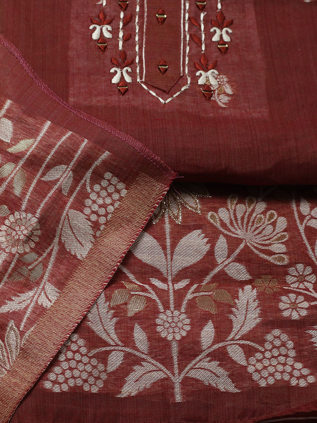 Embroidered Cotton Blend Unstitched Suit With Pant &amp; Dupatta
