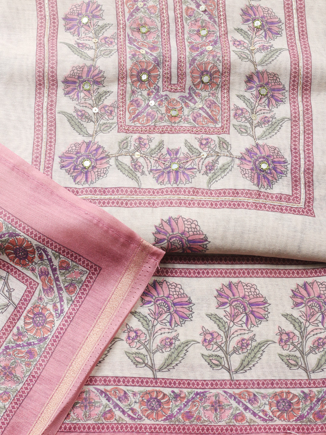 Printed Chanderi Unstitched Suit With Pant &amp; Dupatta