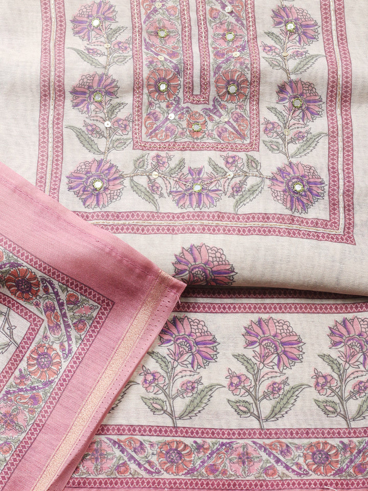 Printed Chanderi Unstitched Suit With Pant &amp; Dupatta