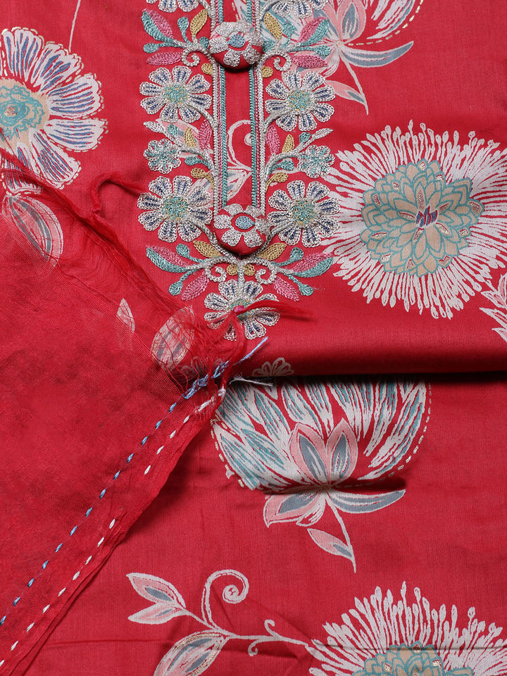 Embroidered Cotton Blend Unstitched Suit With Pant &amp; Dupatta