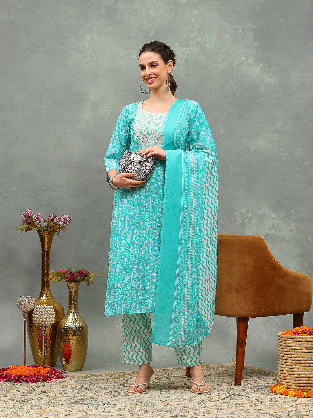 Printed Cotton Blend Kurta With Pants &amp; Dupatta