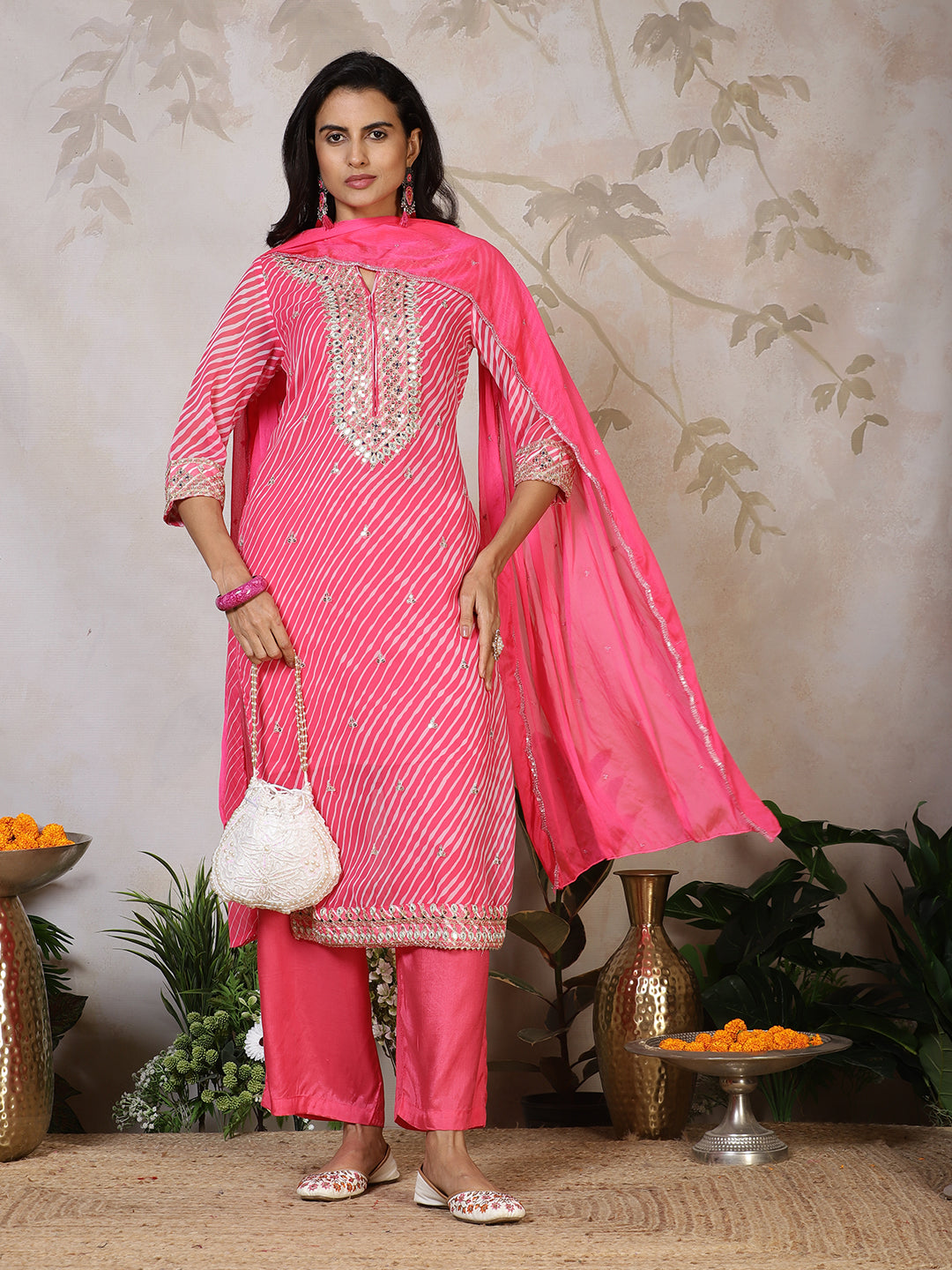 Embroidered Georgette Kurta With Pants & Dupatta