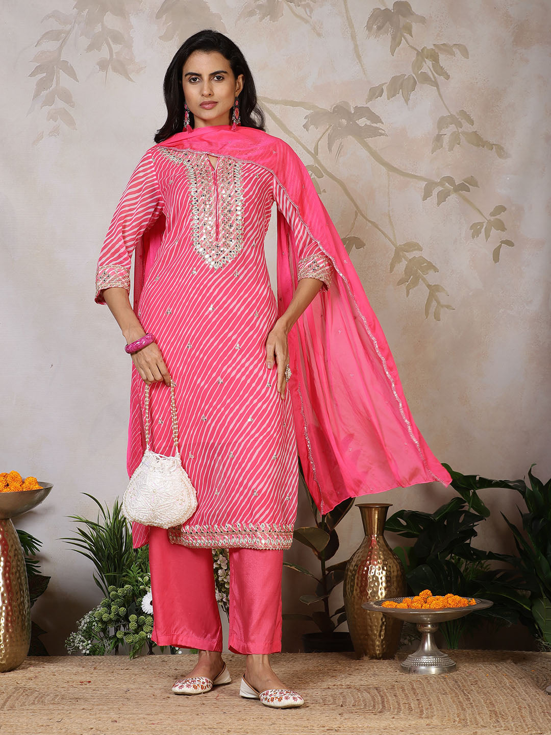 Embroidered Georgette Kurta With Pants &amp; Dupatta
