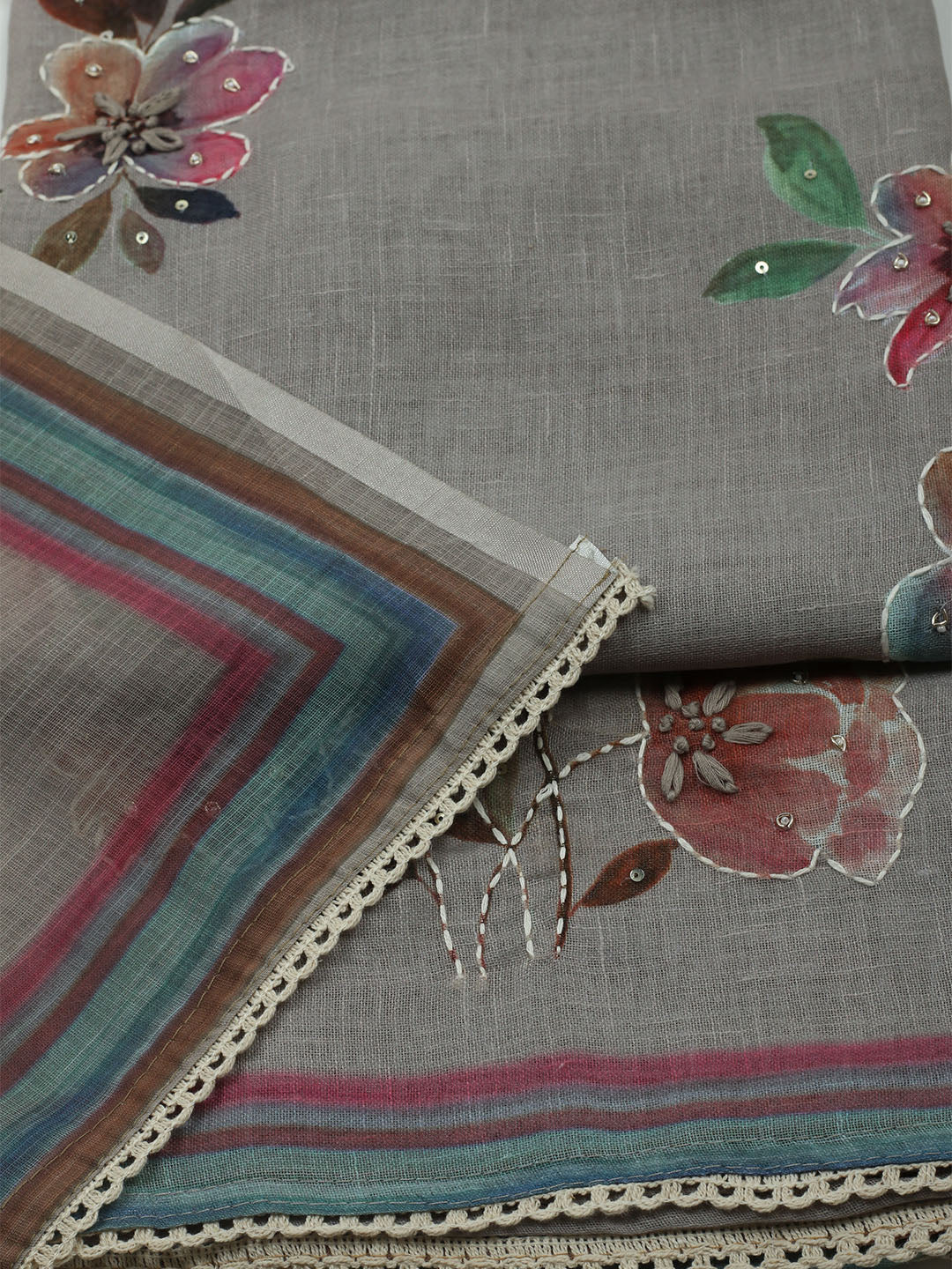 Printed Linen Unstitched Kurta With Pant &amp; Dupatta