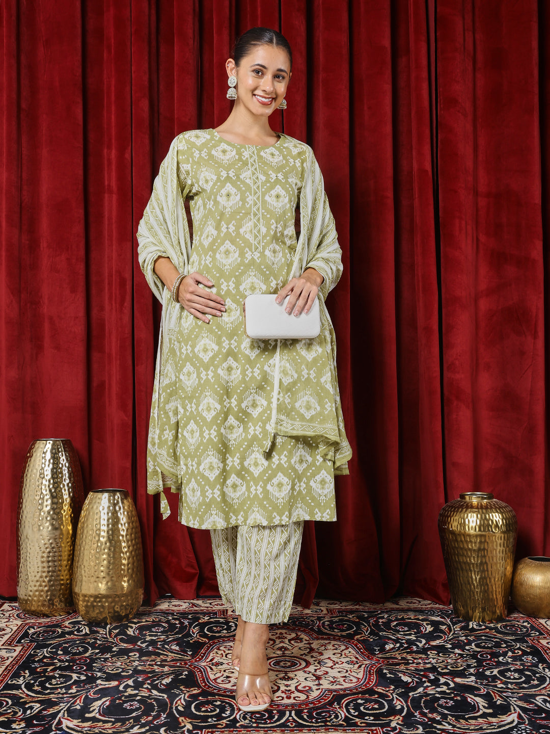 Printed Cotton Blend Kurta With Pants & Dupatta