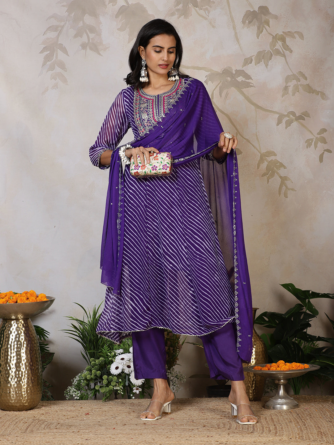 Embroidered Georgette Kurta With Pants & Dupatta