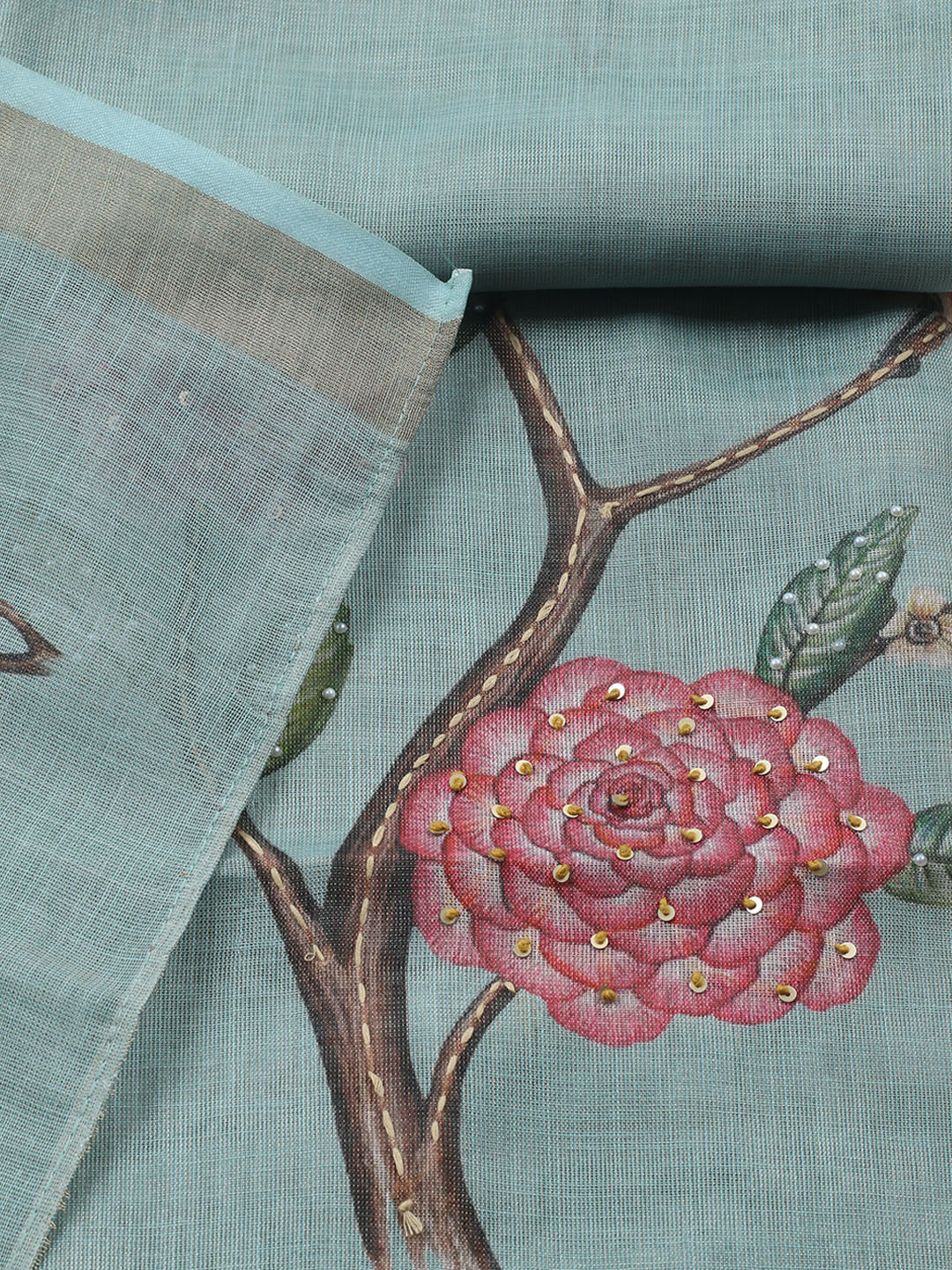 Printed Linen Blend Unstitched Suit With Pant &amp; Dupatta