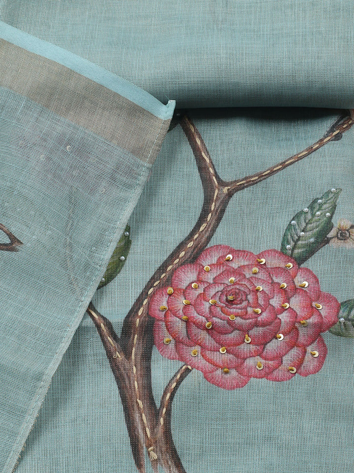 Printed Linen Blend Unstitched Suit With Pant &amp; Dupatta
