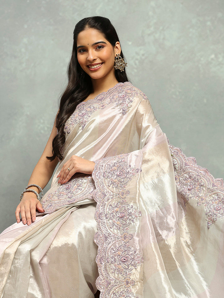 Zari Jaal &amp; Sequin Embroidered Tissue Saree