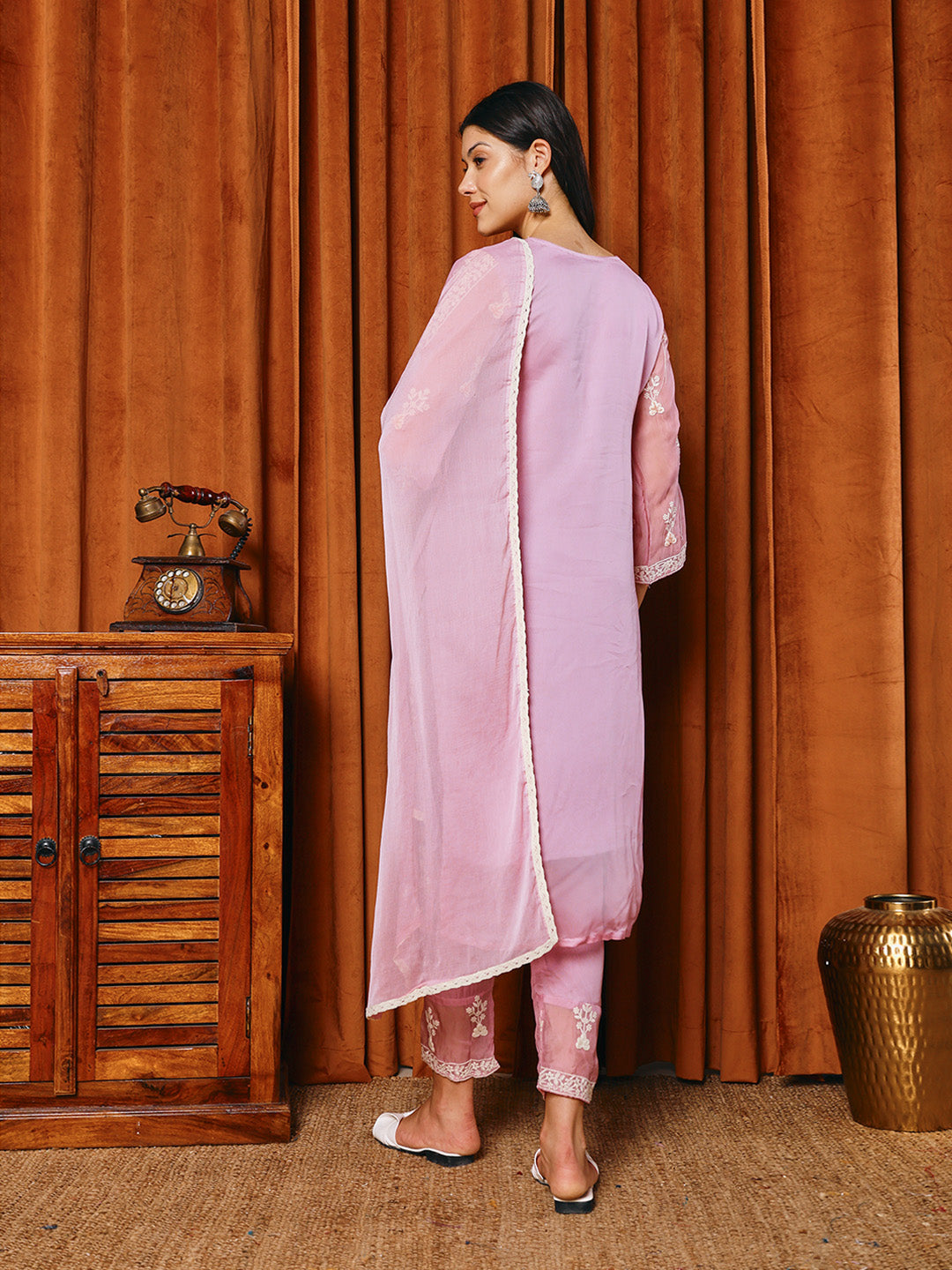 Resham Work Organza Kurta With Pants & Dupatta
