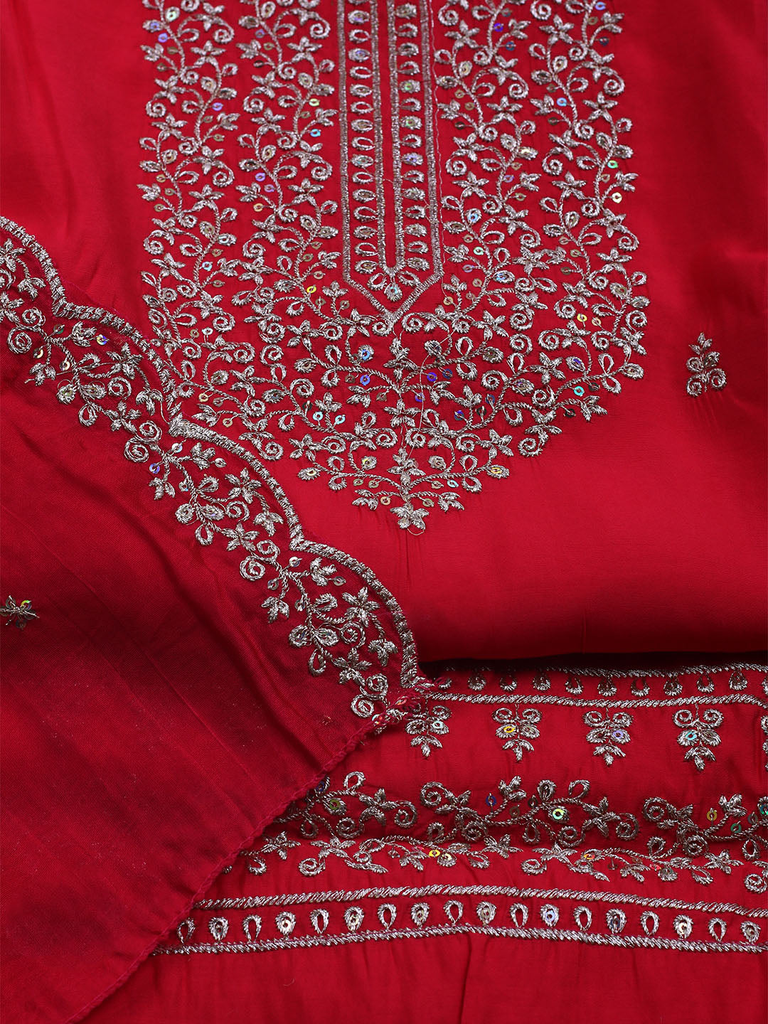 Neck Embroidered Chanderi Unstitched Suit With Dupatta