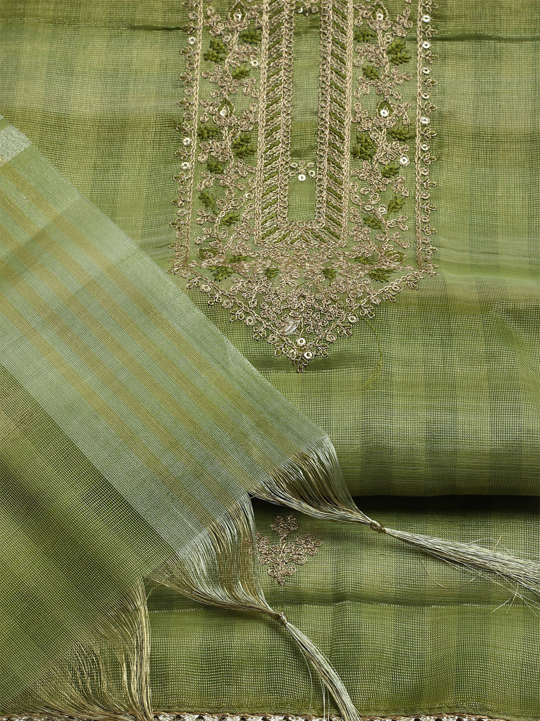 Embroidered Tissue Unstitched Kurta With Pant & Dupatta