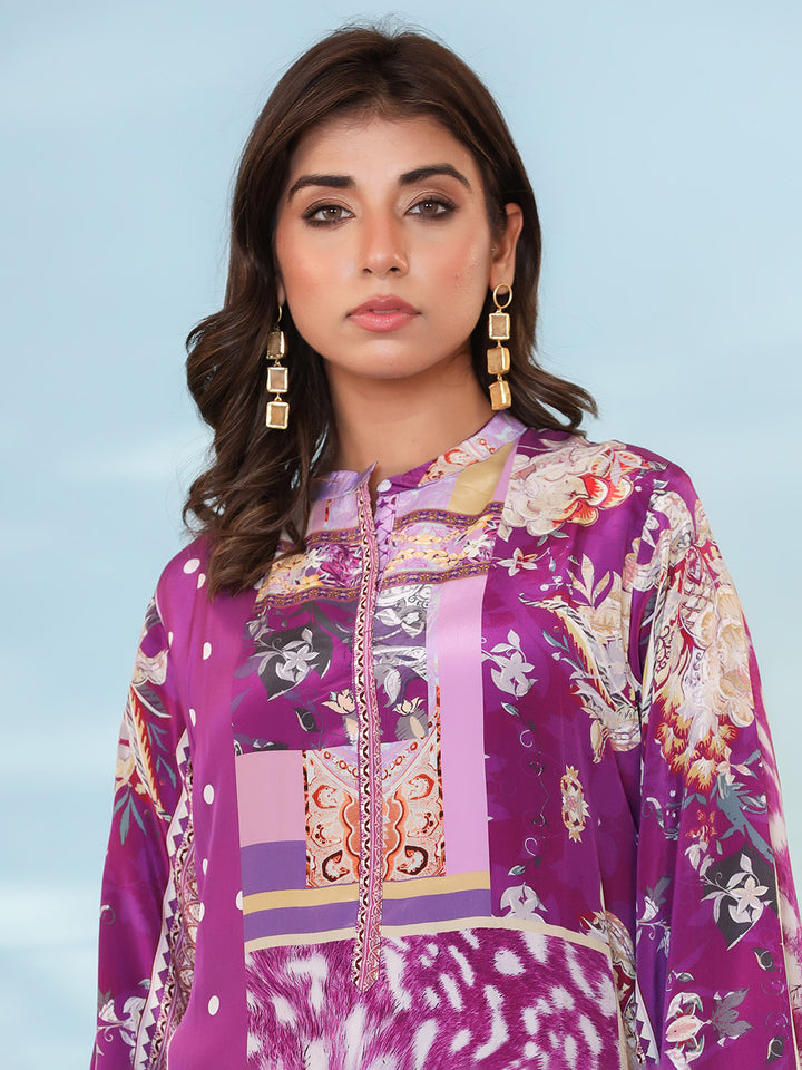 Purple Cotton Blend Printed Straight Suit Set