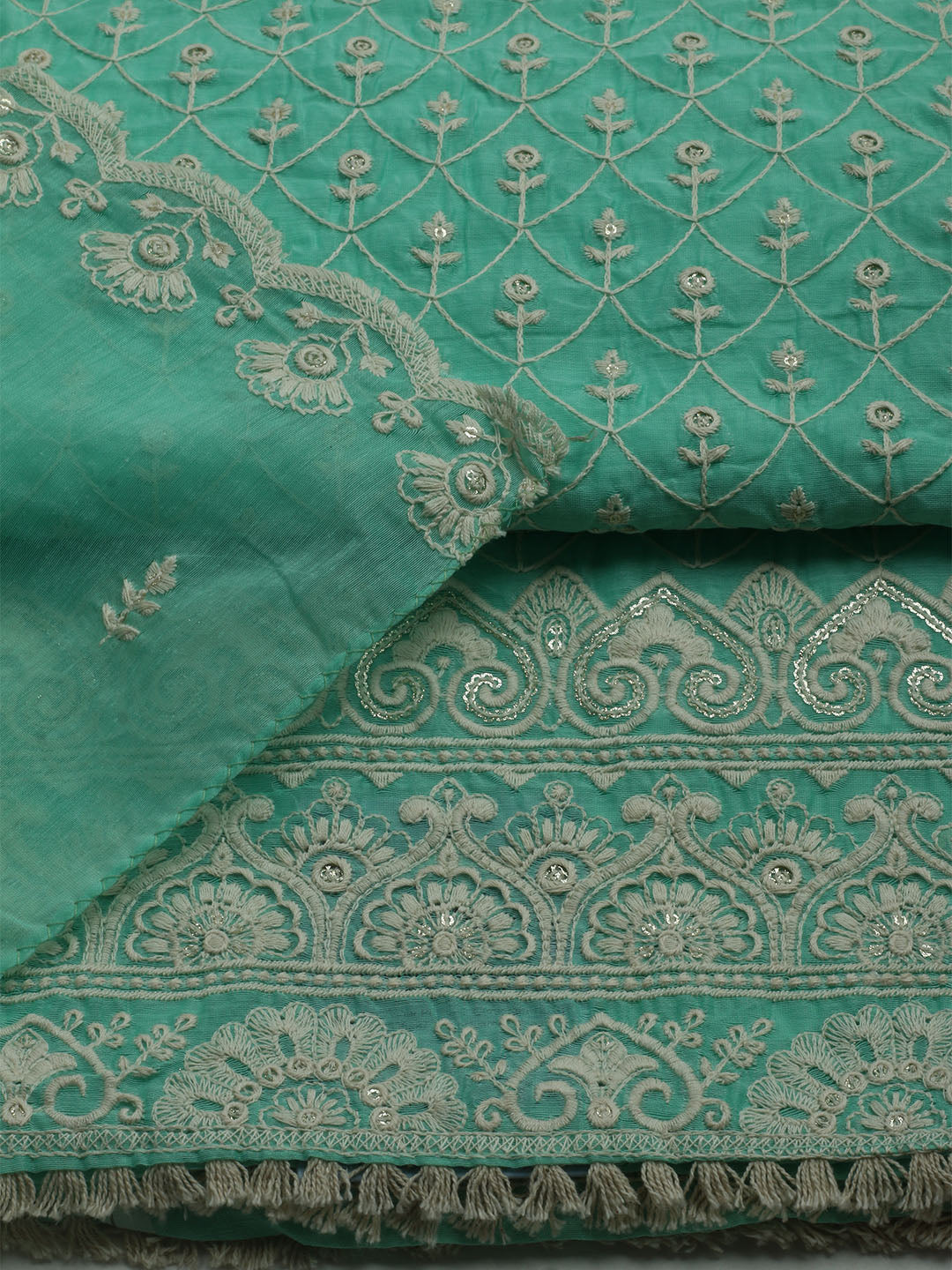 Embroidered Chanderi Unstitched Kurta With Pant & Dupatta