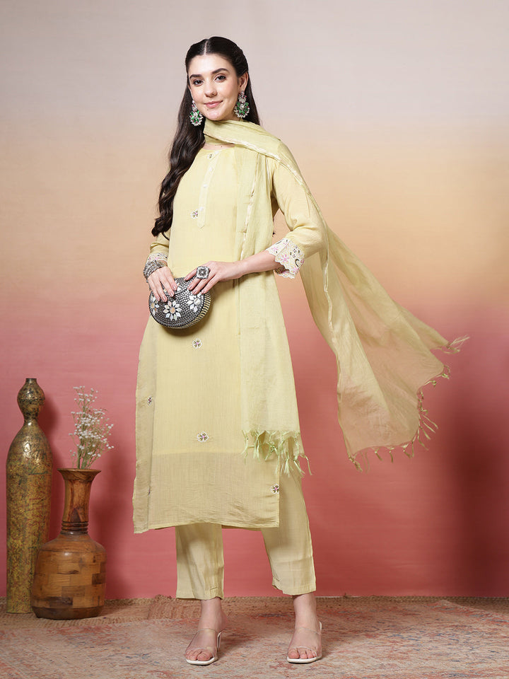 Plain Cotton Kurta With Pant &amp; Dupatta